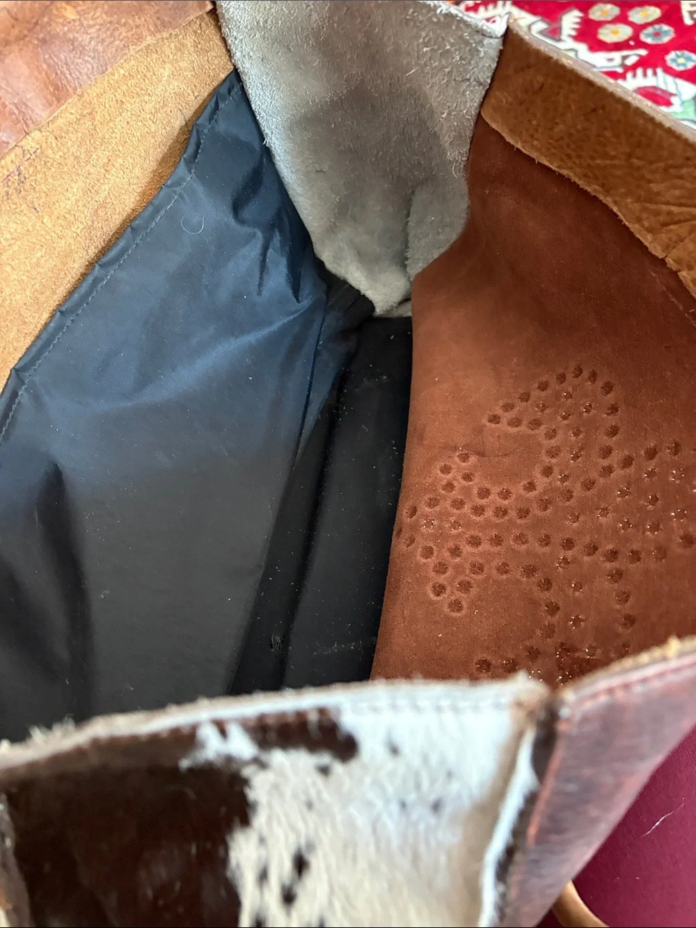 Two Bar West Brown Studded Fleur Tote with Tan Handles and hide sides